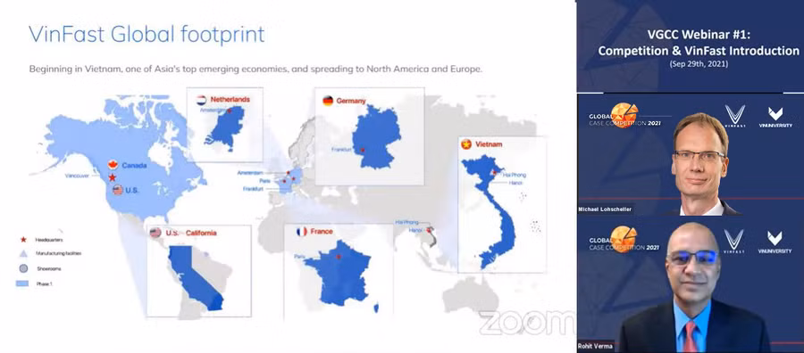 GS. Rohit Verma, Hiệu trưởng Trường Đại học VinUni và ông Michael Lohscheller, CEO VinFast toàn cầu chia sẻ với các bạn sinh viên về chủ đề của mùa giải đầu tiên “VinFast – Go Global” trong buổi Webinar giới thiệu về cuộc thi.