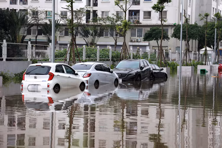 Khu vực bị ngập nước là hành lang phía sau tòa nhà Ecohome 3. Dọc theo con đường phía sau khu chung cư, đến chiều 26/4, nhiều xe ô tô vẫn "ngâm" mình trong nước, một số xe đã được cẩu ra ngoài trước đó.