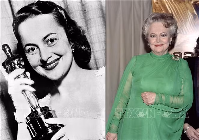 Ảnh trái: Nữ nghệ sĩ Olivia de Havilland đoạt tượng vàng Oscar dành cho nữ diễn viên xuất sắc nhất với vai diễn trong phim "The Heiress", tại Hollywood, Los Angeles, California (Mỹ) ngày 27/3/1950. Ảnh phải: Nữ nghệ sĩ Olivia de Havilland tại lễ trao giải thưởng điện ảnh Cesar lần thứ 11 ở Paris, Pháp ngày 22/2/1986. Ảnh tư liệu: AFP/TTXVN.