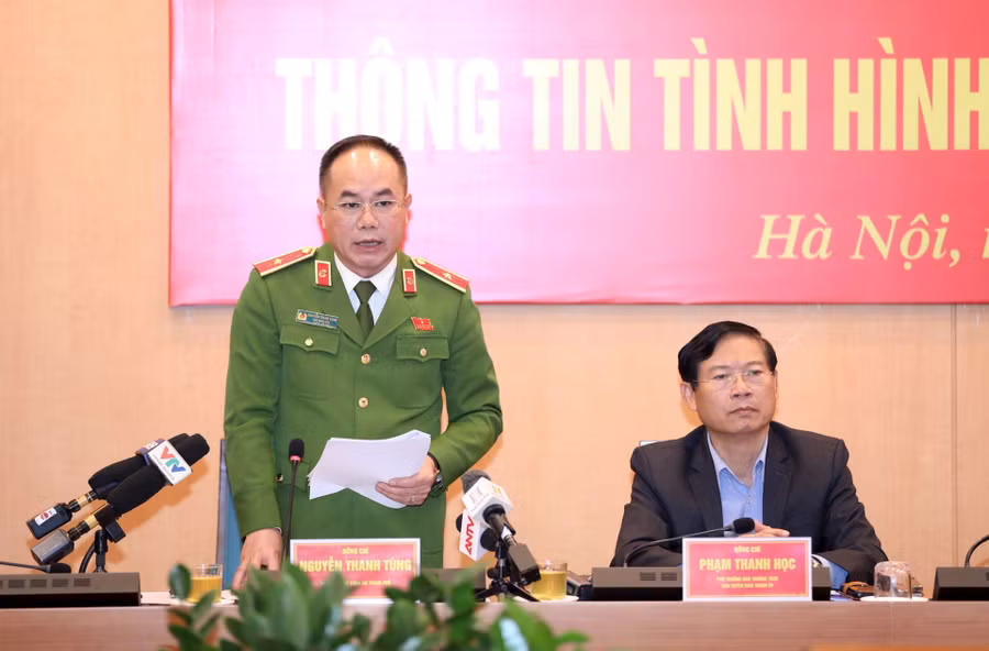 Thiếu tướng Nguyễn Thanh Tùng - Phó Giám đốc Công an TP Hà Nội thông tin tại buổi họp báo.