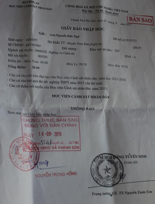 Giấy báo nhập học Học viện CSND của em Nguyễn Đức Ngà