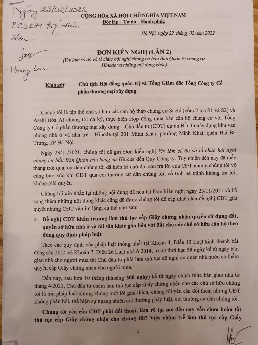 Đơn kiến nghị của cư dân Hinode gửi đến chủ đầu tư.