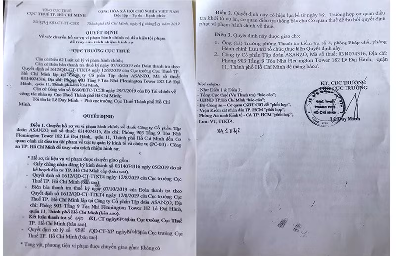 Quyết định 3731/QĐ-CT-TT-CHS của Cục Thuế TPHCM về Asanzo