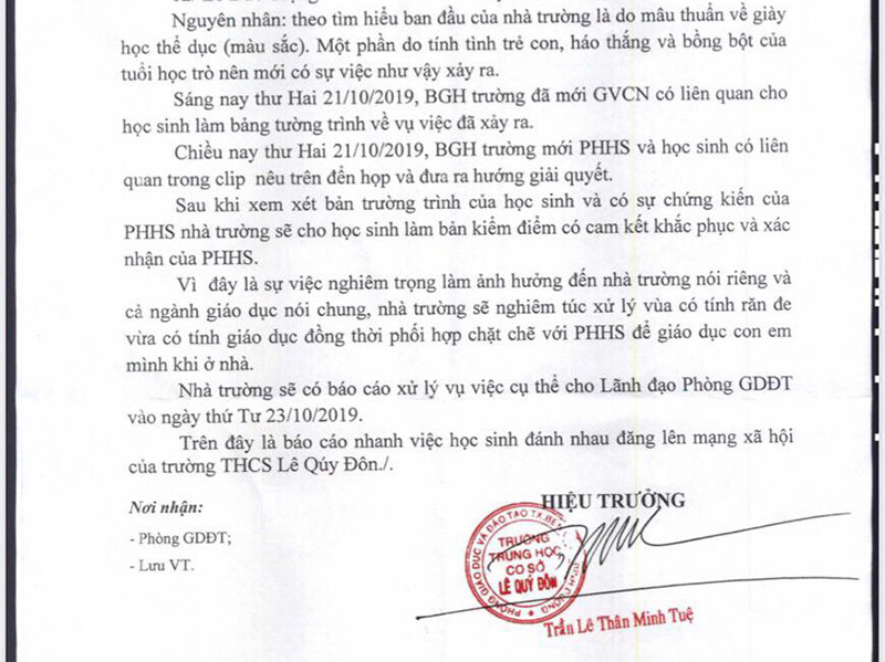 Báo cáo nhanh của Trường THCS Lê Quý Đôn về vụ việc Báo cáo nhanh của Trường THCS Lê Quý Đôn về vụ việc