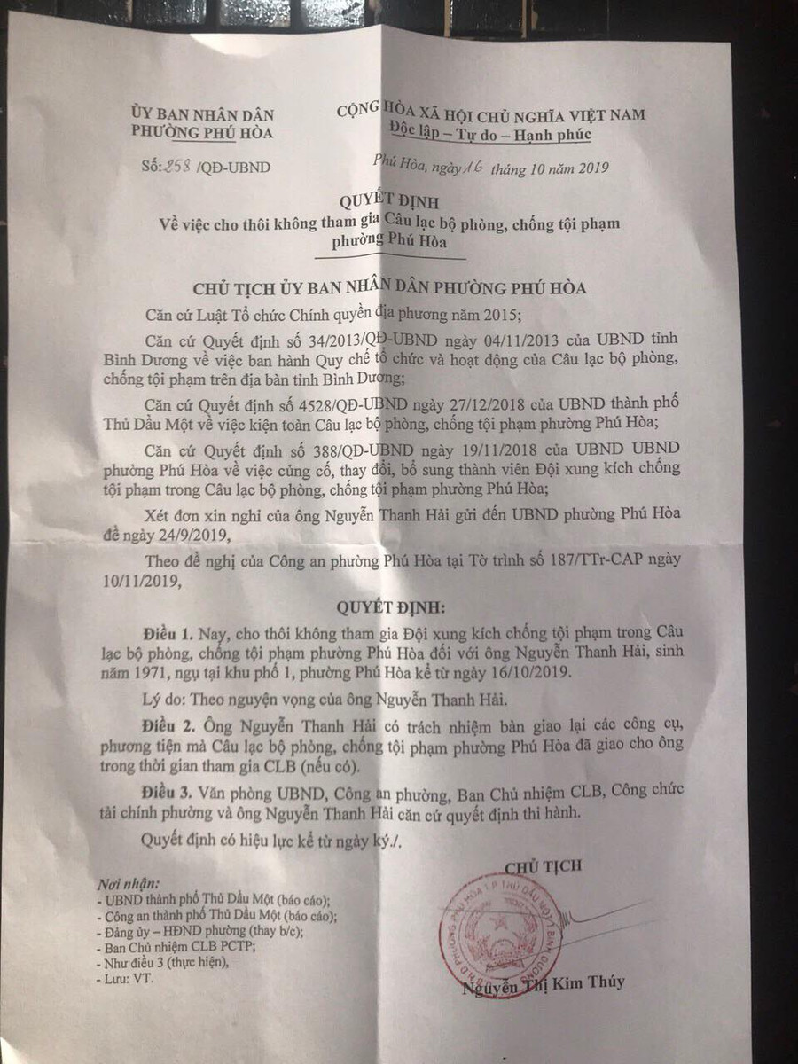 Quyết định của UBND Phường Phú Hòa