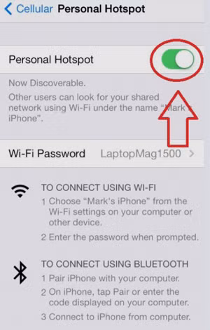 Phát WiFi trên iPhone: Đừng quên tắt điểm truy cập cá nhân Personal Hotspot trên iPhone phát của bạn khi bạn đã sử dụng xong (gạt sang trái ở điểm khoanh đỏ như trong hình). A7,5-Phat-WiFi-tren-iPhone.jpg