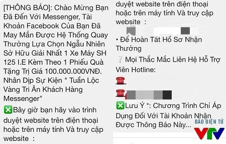 Tin nhắn nhận thưởng anh Tiến nhận được trên mạng facebook.