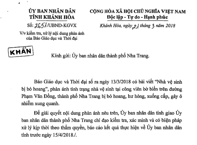 UBND thành phố Nha Trang trả lời phản ánh của Báo GD&TĐ