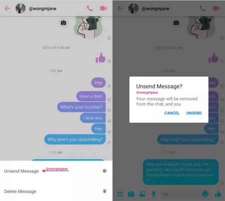 Giao diện thử nghiệm tính năng Unsend trên Facebook Messenger.