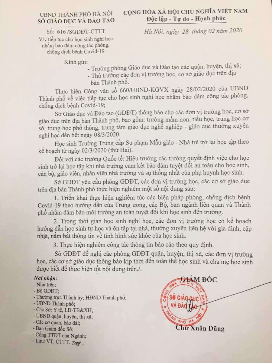 Văn bản của Sở GD&ĐT Hà Nội