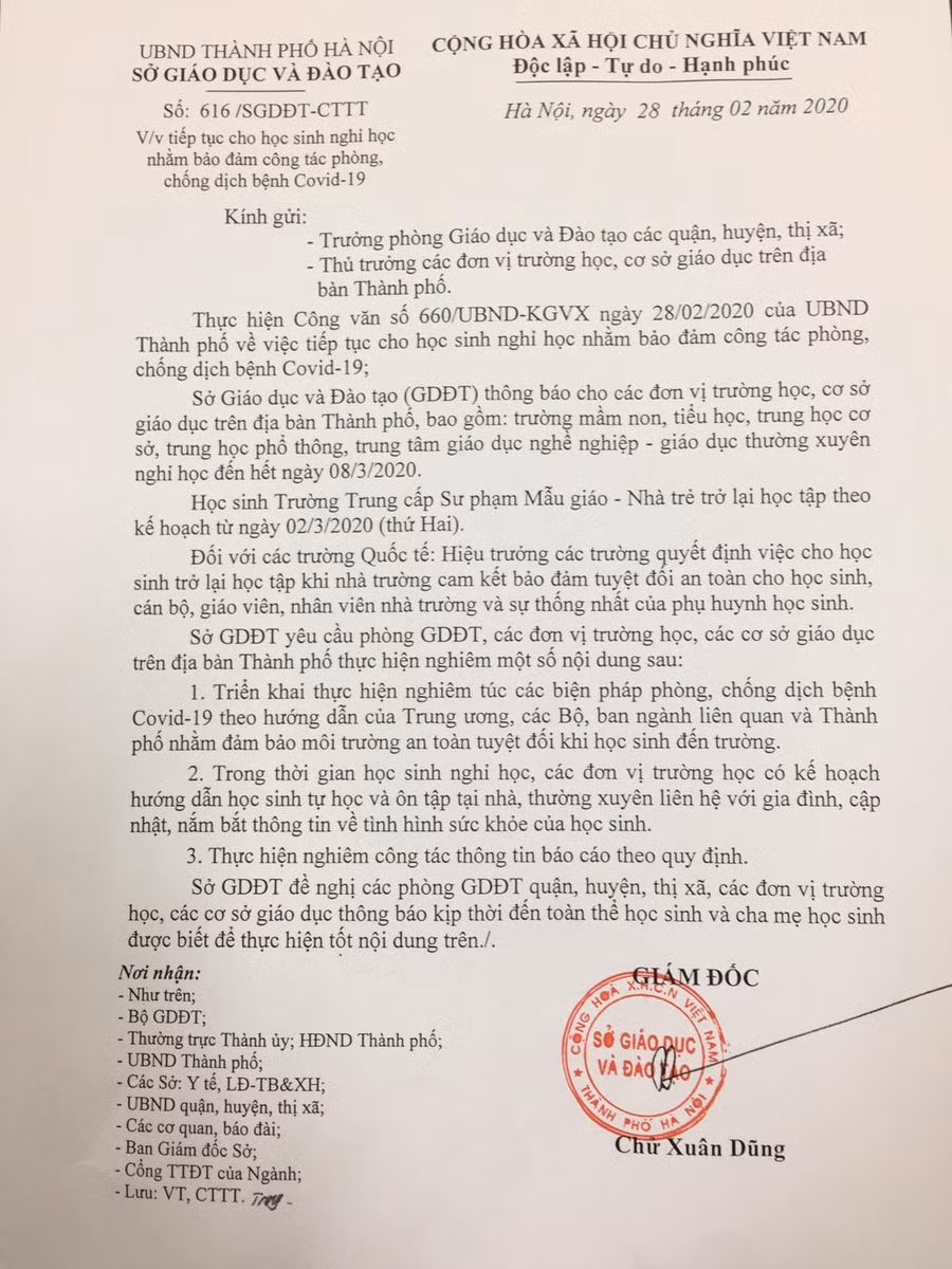 Văn bản của Sở GD&ĐT Hà Nội