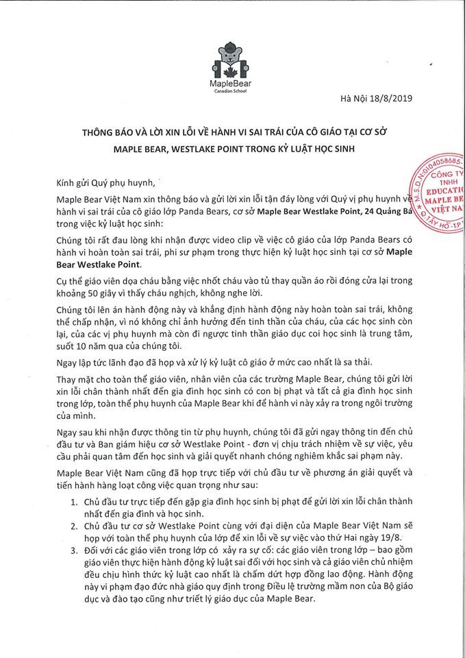 Thông báo và lời xin lỗi về hành vi sai trái của cô giáo tại cơ sở Maple Bear Westlake Point trong kỷ luật học sinh (Ảnh chụp màn hình). Thông báo và lời xin lỗi về hành vi sai trái của cô giáo tại cơ sở Maple Bear Westlake Point trong kỷ luật học sinh (Ảnh chụp màn hình).