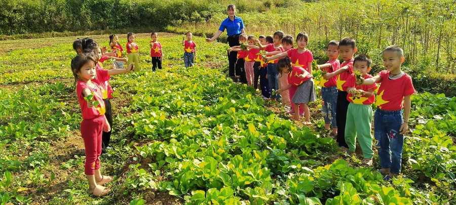 Cô trò Trường Mầm non Khong Hin (huyện Tuần Giáo, tỉnh Điện Biên) trong một hoạt động trải nghiệm. Ảnh NT.