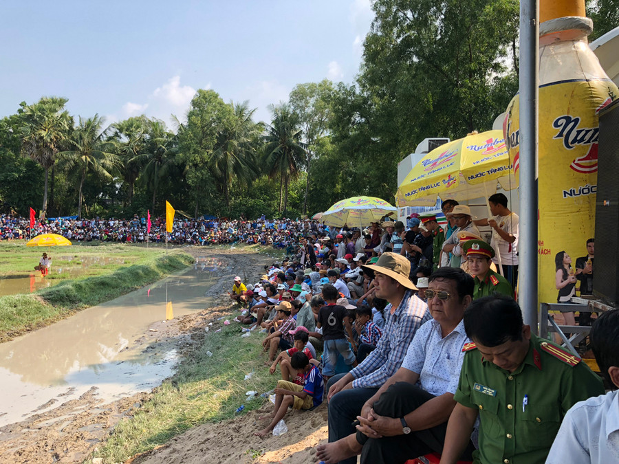 Ngay từ sáng sớm, bà con đã có mặt đông đảo tại địa điểm đua bò, không khí lúc nào cũng tưng bừng, hào hứng tiếng vỗ tay, reo hò sôi nổi