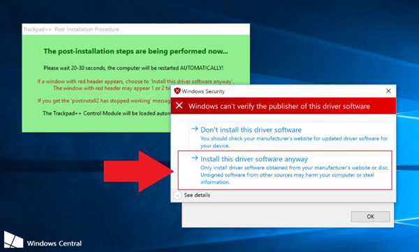Hướng dẫn kích hoạt trackpad MacBook chạy Windows 10: Bấm chọn “Install this driver software anyway” nếu bảng cảnh báo hiện ra. D6-Huong-dan-kich-hoat-trackpad-MacBook-Windows-10.jpg
