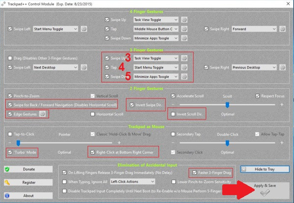 Hướng dẫn kích hoạt trackpad MacBook chạy Windows 10: Mở Trackpad++ lên và bắt đầu tùy chỉnh như khuyến nghị trong các khung đỏ. Ví dụ để MacBook có những thao tác cảm ứng trackpad mà Windows 10 vay mượn, ở mục 3 Finger Gestures hãy chọn Task View Toggle cho Swipe Up (3), Start Menu Toggle cho Tap (4) và Minimize Apps Toggle cho Swipe Down (5)… E1-Huong-dan-kich-hoat-trackpad-MacBook-Windows-10.jpg