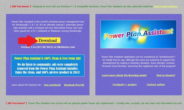 Hướng dẫn kích hoạt trackpad MacBook chạy Windows 10: Vào đây và bấm nút Download (mũi tên) để tải về Power Plan Assistant. A1-Huong-dan-kich-hoat-trackpad-MacBook-Windows-10.jpg