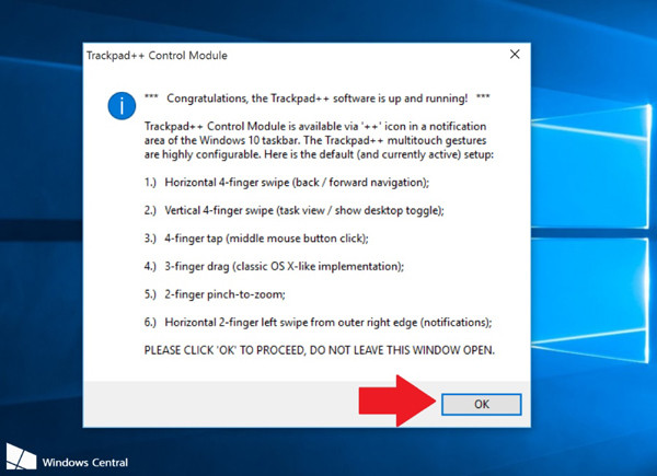 Hướng dẫn kích hoạt trackpad MacBook chạy Windows 10: Bấm nút OK để hoàn thành cài đặt Trackpad++. D7,5-Huong-dan-kich-hoat-trackpad-MacBook-Windows-10.jpg