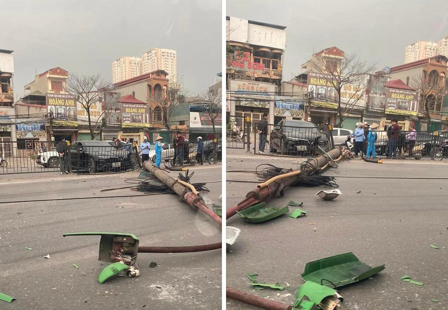 Hiện trường vụ tai nạn giao thông khiến cột đèn đổ.