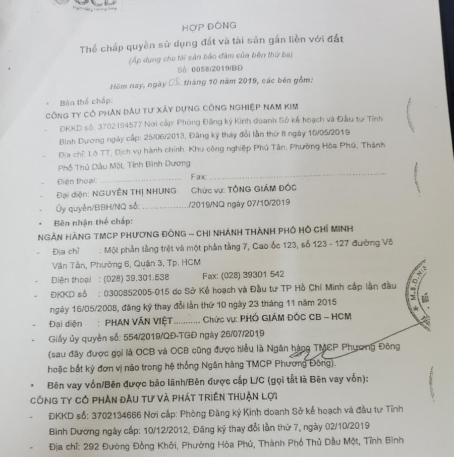 Hợp đồng thế chấp số 0058/2019/BĐ tại Ngân hàng TMCP Phương Đông (OCB)