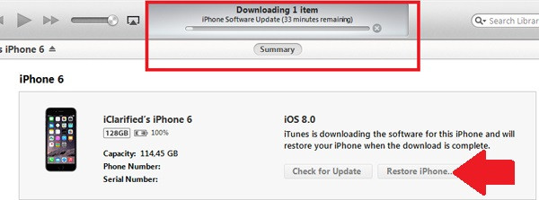 Hướng dẫn “restore” iPhone 6 và iPhone 6 Plus: Sau khi sao lưu xong hãy tiến hành “restore” chiếc iPhone 6 hoặc 6 Plus bằng cách nhất nút Restore iPhone (mũi tên). A2-cach-restore-iPhone-6-cach-restore-iPhone-6-Plus.jpg