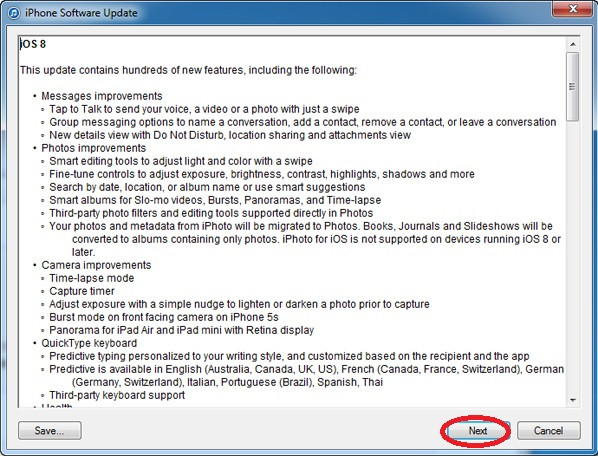 Hướng dẫn “restore” iPhone 6 và iPhone 6 Plus: Tiếp theo đó bạn hãy nhấn Next (khoanh đỏ). A4,5-cach-restore-iPhone-6-cach-restore-iPhone-6-Plus.jpg