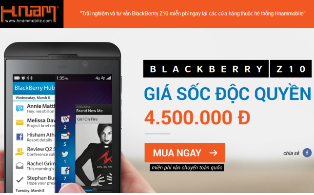 BlackBerry mức giá 4,5 triệu đồng được bán độc quyền