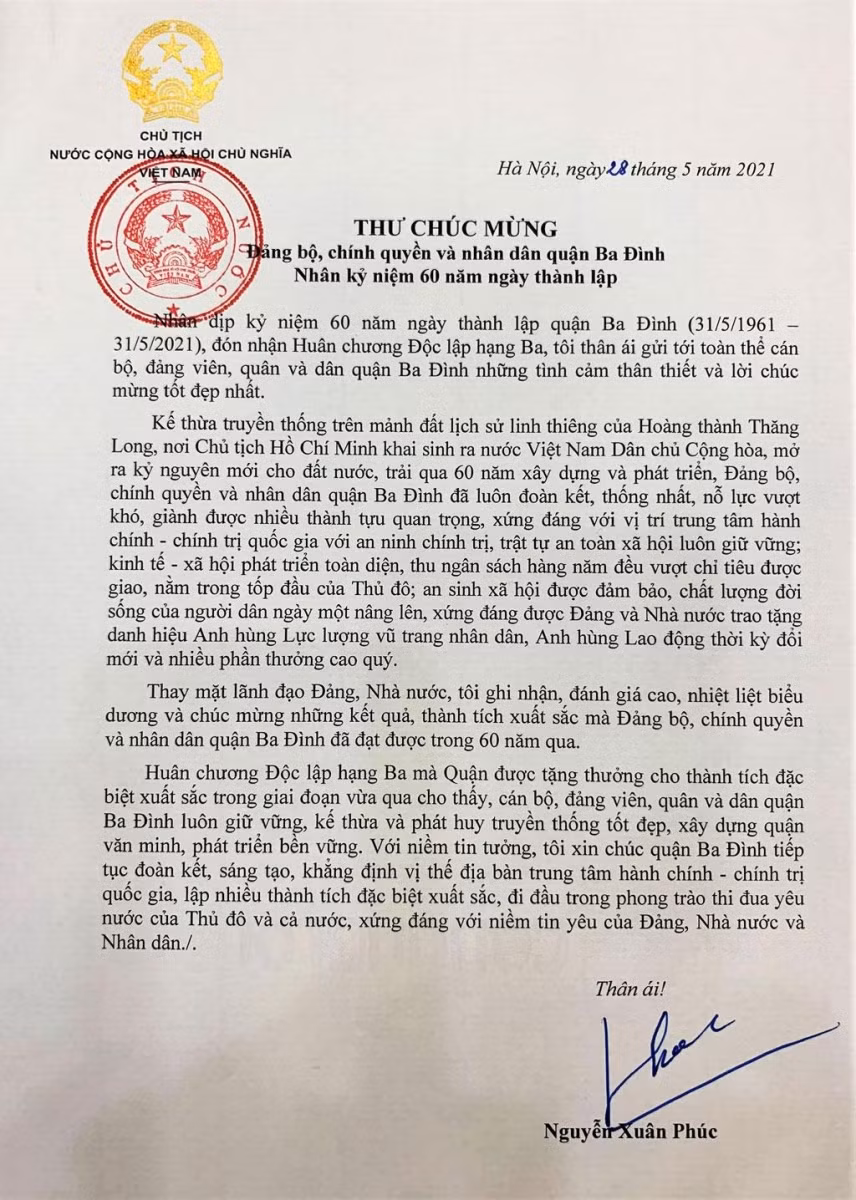 Thư chúc mừng của Chủ tịch nước Nguyễn Xuân Phúc.