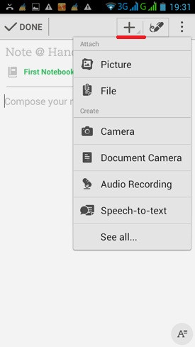Hướng dẫn sử dụng Evernote Android: Bạn cũng có thể đính kèm thêm ảnh, băng ghi âm cho kiểu ghi chú thông thường này, giống như các kiểu ghi chú khác. G2-Huong-dan-su-dung-Evernote-Android-dien-thoai-2014-09-11-19-31-34.jpg