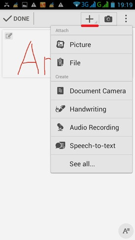Hướng dẫn sử dụng Evernote Android: Sau khi viết xong, bạn có thể bấm nút đính kèm (gạch chân) để thêm ảnh, băng ghi âm, ảnh chụp… tùy thích hoặc có thể thoát ra ngoài, việc lưu ghi chú sẽ do Evernote tự động thực hiện. B2-Huong-dan-su-dung-Evernote-Android-dien-thoai-2014-09-11-19-19-39.jpg