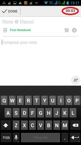 Hướng dẫn sử dụng Evernote Android: Ngay sau khi bấm nút Audio, Evernote sẽ bắt đầu chạy ghi âm trực tiếp bằng điện thoại của bạn. D1-Huong-dan-su-dung-Evernote-Android-dien-thoai-2014-09-11-19-21-10.jpg