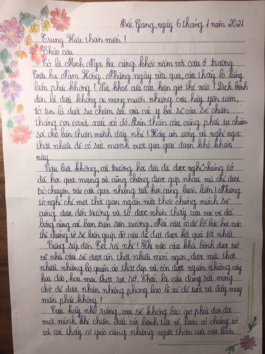 Lá thư viết tay của em Minh Ngọc gửi động viên bạn học đang điều trị, cách ly.