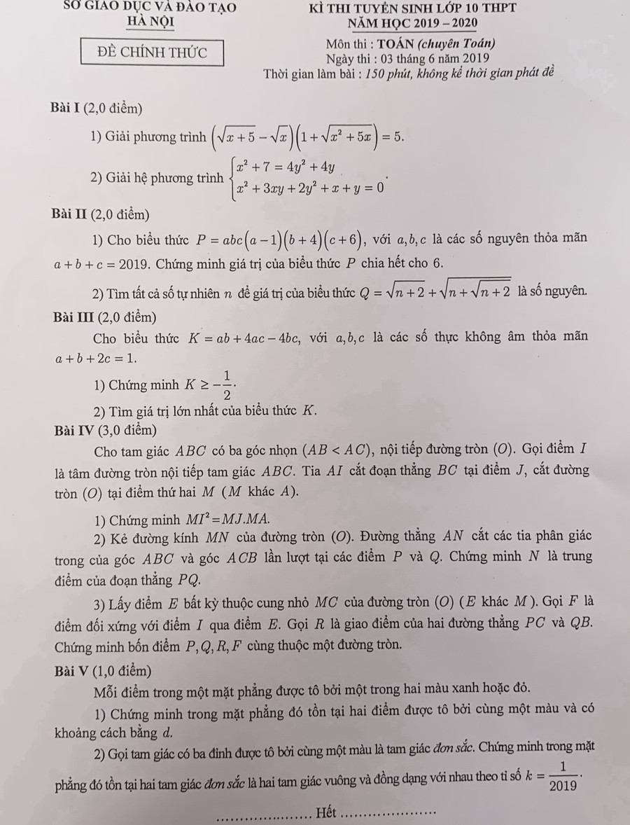 Đề thi môn Toán chuyên của Sở GD&ĐT Hà Nội. Đề thi môn Toán chuyên của Sở GD&ĐT Hà Nội.