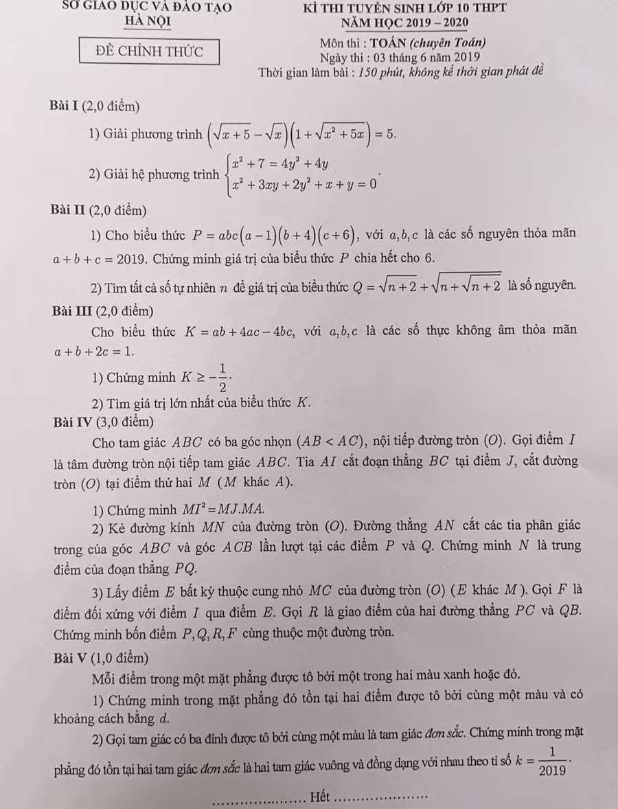 Đề thi môn Toán chuyên của Sở GD&ĐT Hà Nội.