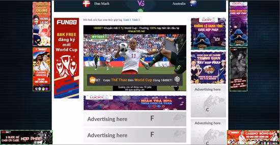 Một trang web phát “lậu” trận đấu tại World Cup 2018, kèm theo đó là nhiều quảng cáo cá độ trực tuyến