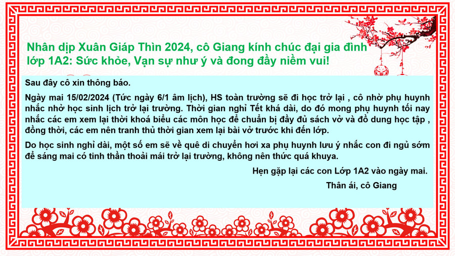 Cô Phạm Hương Giang, giáo viên Trường Tiểu học Thành Công A (quận Ba Đình, Hà Nội) đã trực tiếp nhắn vào nhóm zalo của lớp nhắc nhở phụ huynh về lịch trở lại trường của con. Ảnh NVCC. Cô Phạm Hương Giang, giáo viên Trường Tiểu học Thành Công A (quận Ba Đình, Hà Nội) đã trực tiếp nhắn vào nhóm zalo của lớp nhắc nhở phụ huynh về lịch trở lại trường của con. Ảnh NVCC.
