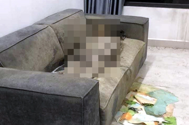 Khu vực ghế sofa nơi phát hiện thi thể cô gái.