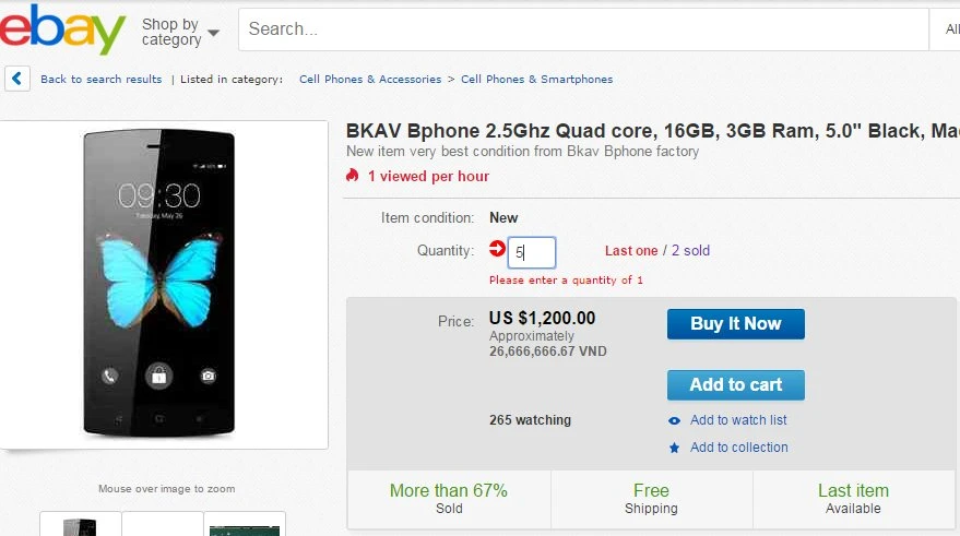 Bphone được bán giá 1200 USD trên eBay Nhật 