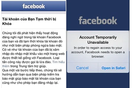 Thông báo khóa tài khoản từ Facebook