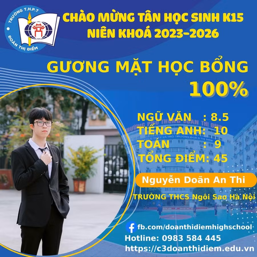 Nguyễn Doãn An Thi được trao 100% học bổng sau thành tích cao tại kỳ thi tuyển sinh vào lớp 10.