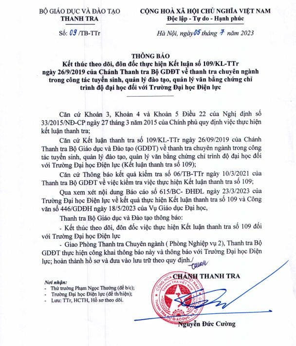 Thông báo kết thúc theo dõi, đôn đốc thực hiện kết luận thanh tra của Bộ GD&ĐT. Thông báo kết thúc theo dõi, đôn đốc thực hiện kết luận thanh tra của Bộ GD&ĐT.