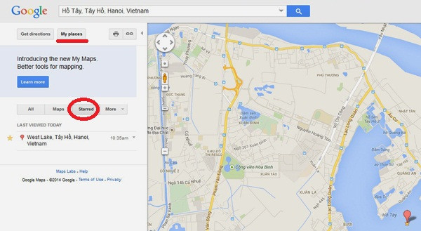 Bản đồ Google Maps: Nếu muốn xem danh sách đầy đủ các địa điểm được đánh dấu, hãy vào mục “My places” => “Starred” (khoanh đỏ). B2-Ban-do-Google-Maps-Cach-su-dung-Google-Maps.jpg