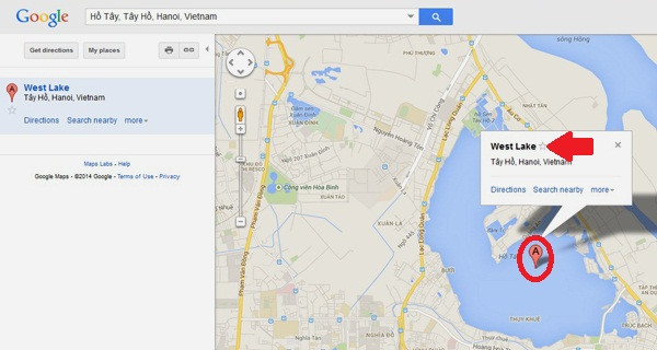 Bản đồ Google Maps: Sau khi tìm được một địa điểm, nếu muốn đánh dấu vị trí đó lại thì bạn hãy bấm mở bảng thông tin của địa điểm đó (khoanh đỏ) rồi kích cho biểu tượng ngôi sao (mũi tên) chuyển sang vàng. B1-Ban-do-Google-Maps-Cach-su-dung-Google-Maps.jpg