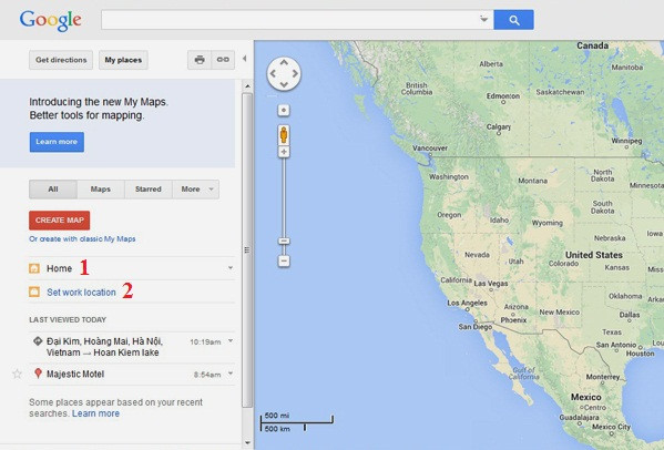 Bản đồ Google Maps: Trong bảng điều khiển bên trái, hãy bấm chọn Home (số 1) hoặc “Set work location” (số 2). A2-Ban-do-Google-Maps-Cach-su-dung-Google-Maps.jpg
