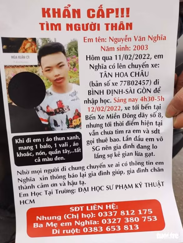 Thông tin tìm Nghĩa do gia đình cung cấp.
