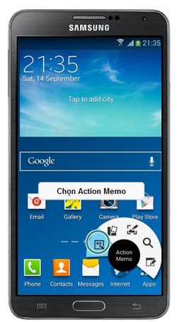 Hướng dẫn sử dụng Note 3 với S Pen: Bấm nút S Pen khi đưa bút lại gần màn hình để tổ hợp lệnh Air Command xuất hiện rồi chọn biểu tượng Action Memo (khoanh tròn). B1-Huong-dan-su-dung-Note-3-Samsung-Galaxy-S-Pen.jpg