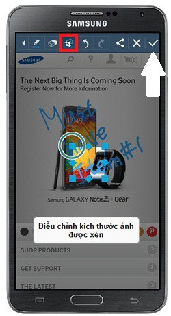 Hướng dẫn sử dụng Note 3 với S Pen: Viết ghi chú lên màn hình, sau đó chọn nút Crop (khung đỏ) để điều chỉnh kích thước vùng màn hình được lưu (khoanh tròn). Cuối cùng hãy bấm nút Lưu (mũi tên). D3-Huong-dan-su-dung-Note-3-Samsung-Galaxy-S-Pen.jpg