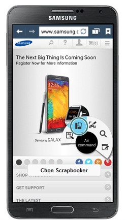 Hướng dẫn sử dụng Note 3 với S Pen: Nếu thấy thứ hay muốn lưu, hãy bấm nút S Pen khi đưa bút lại gần màn hình để tổ hợp lệnh Air Command xuất hiện rồi chọn biểu tượng Scrapbooker (khoanh tròn). C2-Huong-dan-su-dung-Note-3-Samsung-Galaxy-S-Pen.jpg