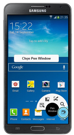 Hướng dẫn sử dụng Note 3 với S Pen: Để sử dụng, hãy bấm nút S Pen khi đưa bút lại gần màn hình để tổ hợp lệnh Air Command xuất hiện rồi chọn biểu tượng Pen Window (khoanh tròn). F1-Huong-dan-su-dung-Note-3-Samsung-Galaxy-S-Pen.jpg