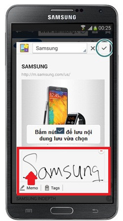 Hướng dẫn sử dụng Note 3 với S Pen: Bạn có thể viết thêm ghi chú bằng nút Memo ở dưới (vùng khung đỏ). Xong việc hãy bấm nút Lưu (khoanh tròn). C5-Huong-dan-su-dung-Note-3-Samsung-Galaxy-S-Pen.jpg